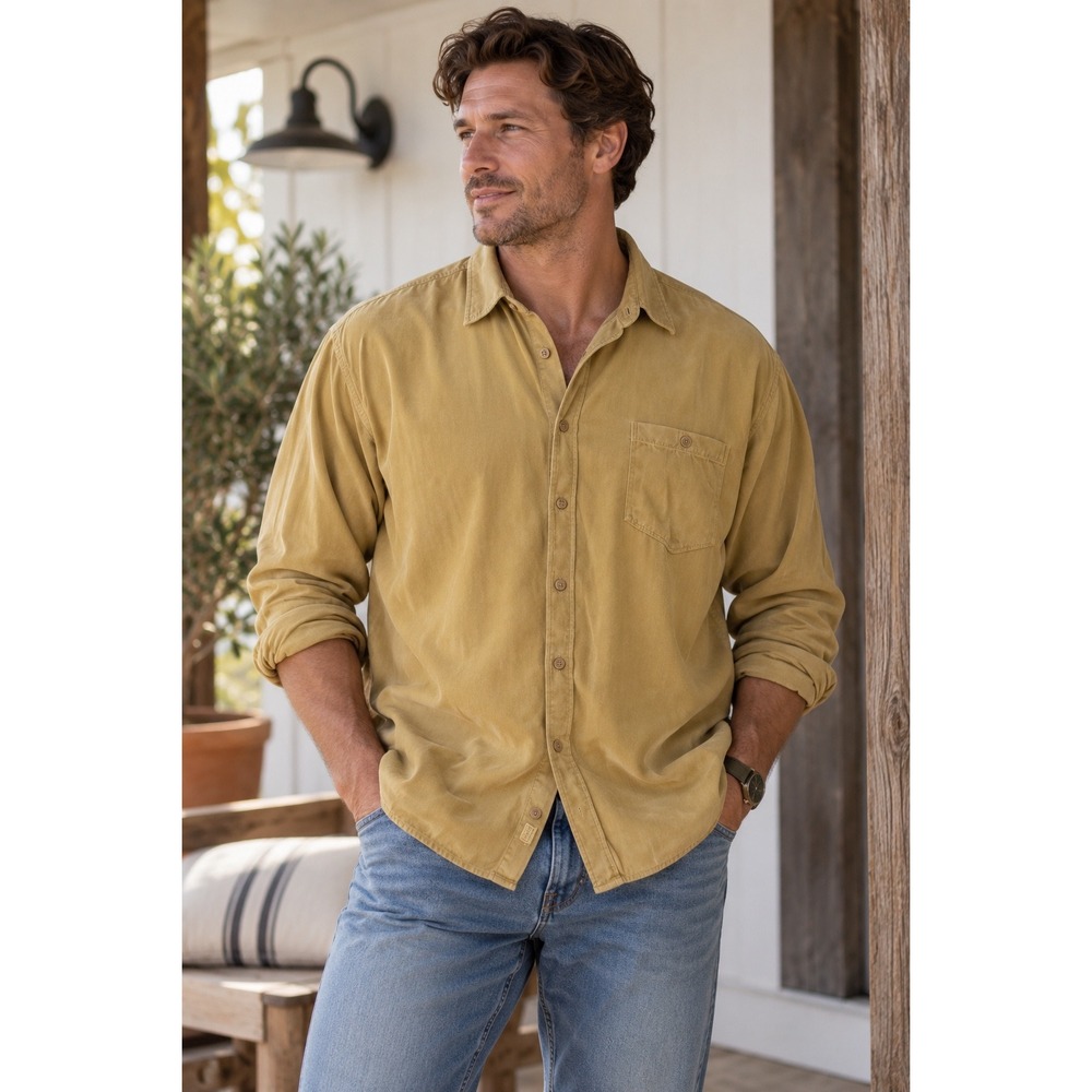 Tommy Bahama Mens XXL 100% Silk Long Sleeve Button Down Shirt Mustard Yellow